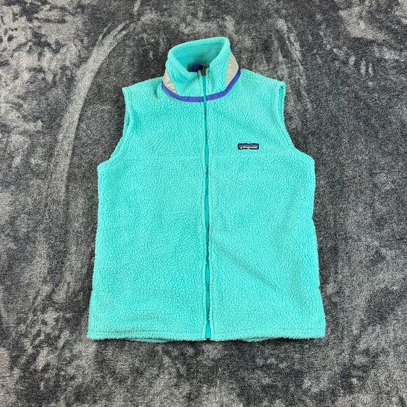 Vtg Patagonia Sherpa Deep Pile Fleece Vest Kids 14 Blue Mock Neck Full Zip - Picture 1 of 8